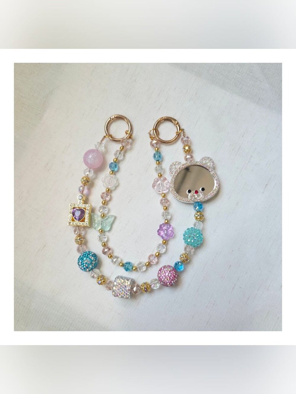 Y2K Aesthetic Beaded Charm and Bag  Pastel Heart & Butterfly and Bear Mirror